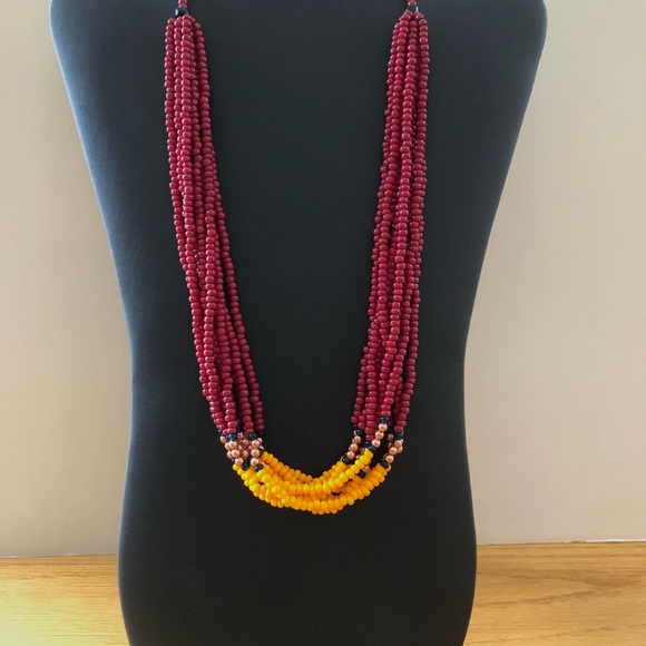 Handmade boho tribal necklace red, Prussian blue and marigold, 22” - Picture 1 of 6